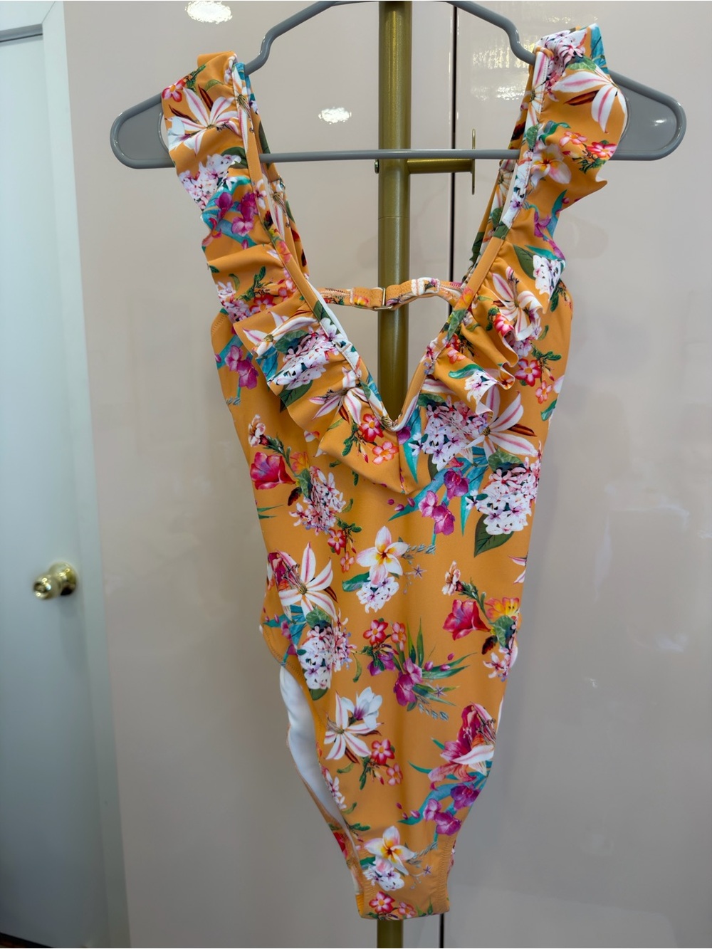 Express Mustard Floral Ruffle One-Piece Swimsuit